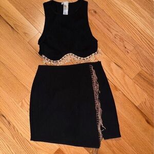 Elegant Black Co- Ord Set Skirt & Crop Top with Fringe Detail